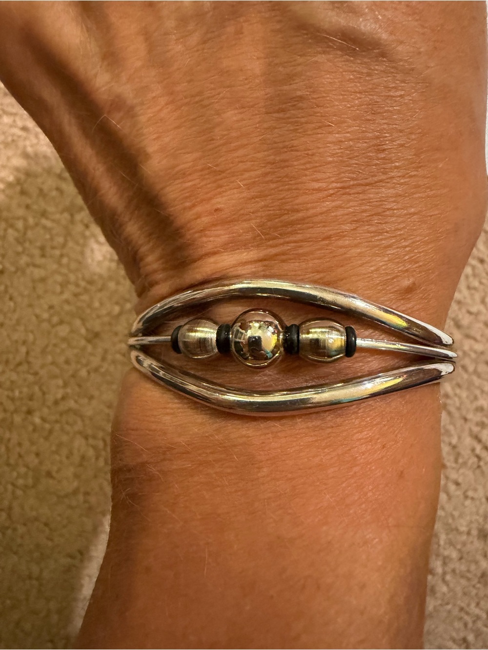 Vintage Silver Tone Open Cuff Bracelet Beaded Modernist Southwestern Style
